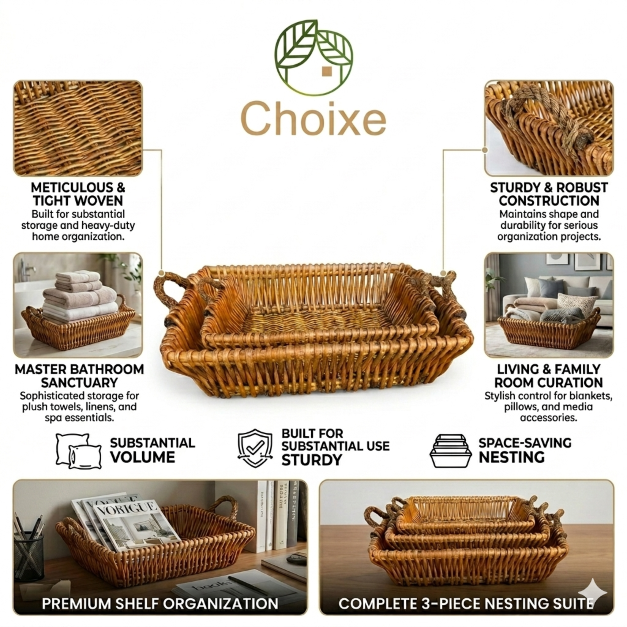 Woven Willow Home Organization Baskets (Set of 3)
