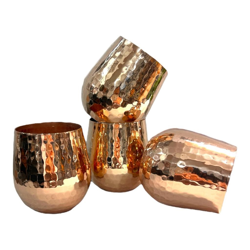 Set of One Copper Pitcher with Top and Four Tumblers - Hammered and Shiny Finish