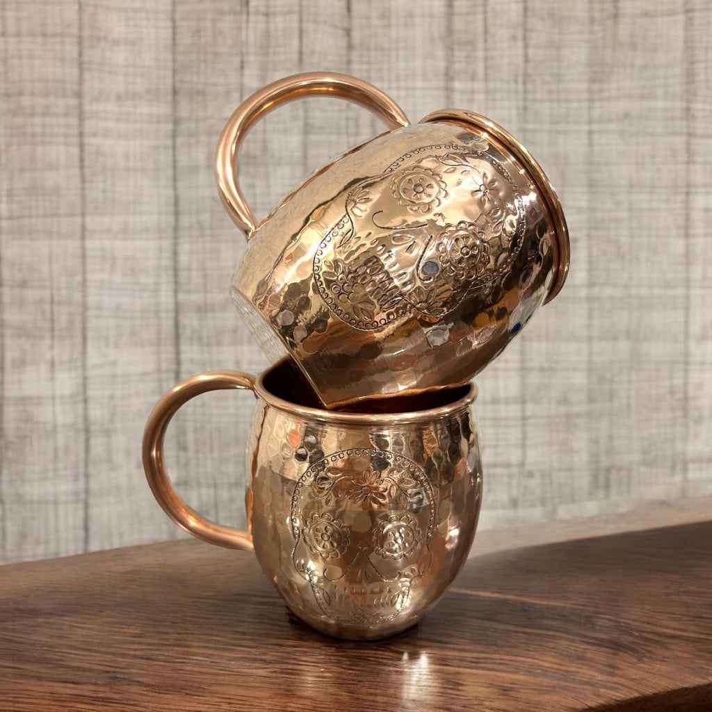Set of Two Copper Barrel Mugs with Chiselled Skull (Day of the Dead) - Hammered and Shiny Finish