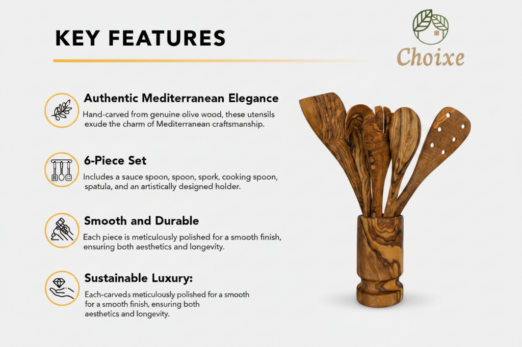 Olive Wood Kitchen Servers Set with Holder (6 Pcs)