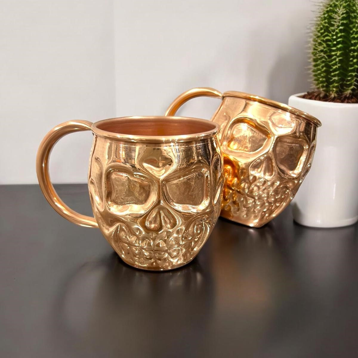 Set of Two Copper Skull (Day of the Dead) Shaped Mugs - Plain and Shiny Finish