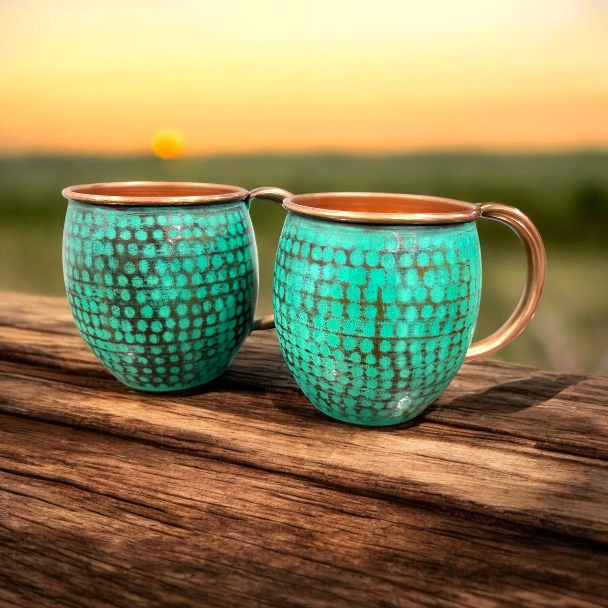 Hammered & Mint Patina Copper Barrel Mugs (Set of 2)