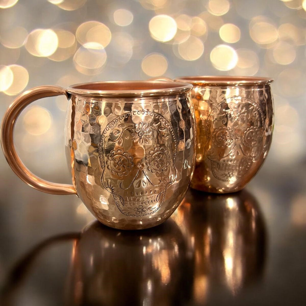 Set of Two Copper Barrel Mugs with Chiselled Skull (Day of the Dead) - Hammered and Shiny Finish
