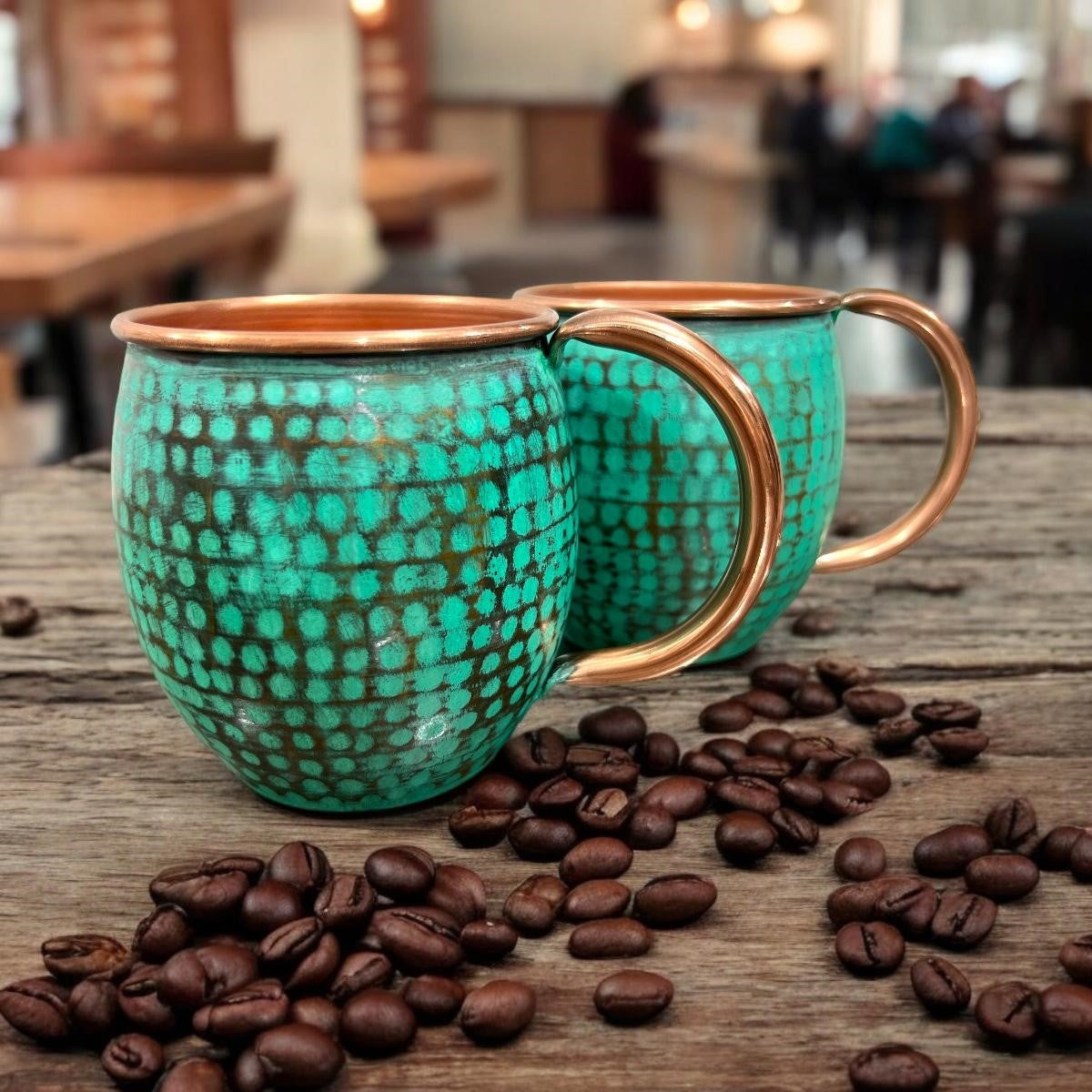 Hammered & Mint Patina Copper Barrel Mugs (Set of 2)