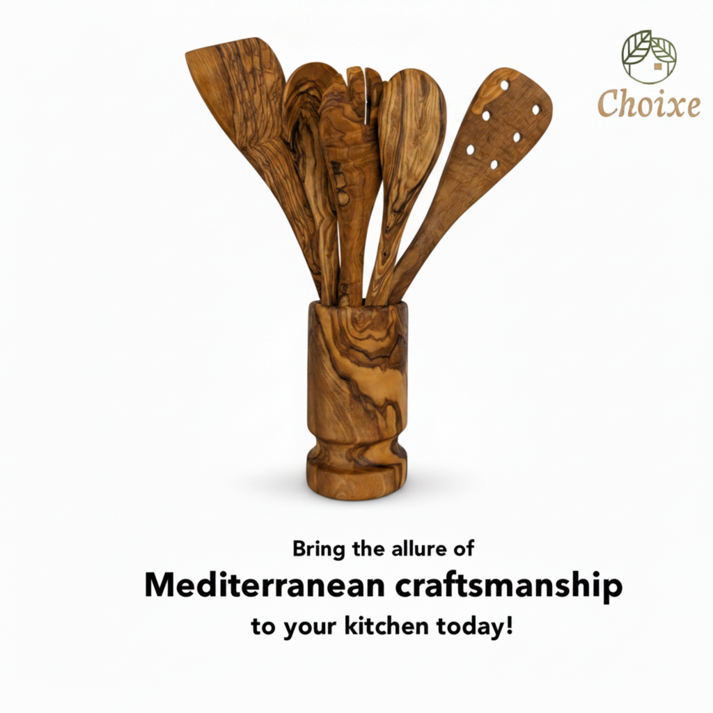 Olive Wood Kitchen Servers Set with Holder (6 Pcs)