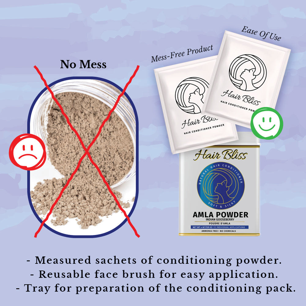 Hair Bliss Natural Amla Gooseberry Herbal Hair & Skin Conditioning Powder with Reusable Brush & Tray (12 Individual Sachets - 10gm each)