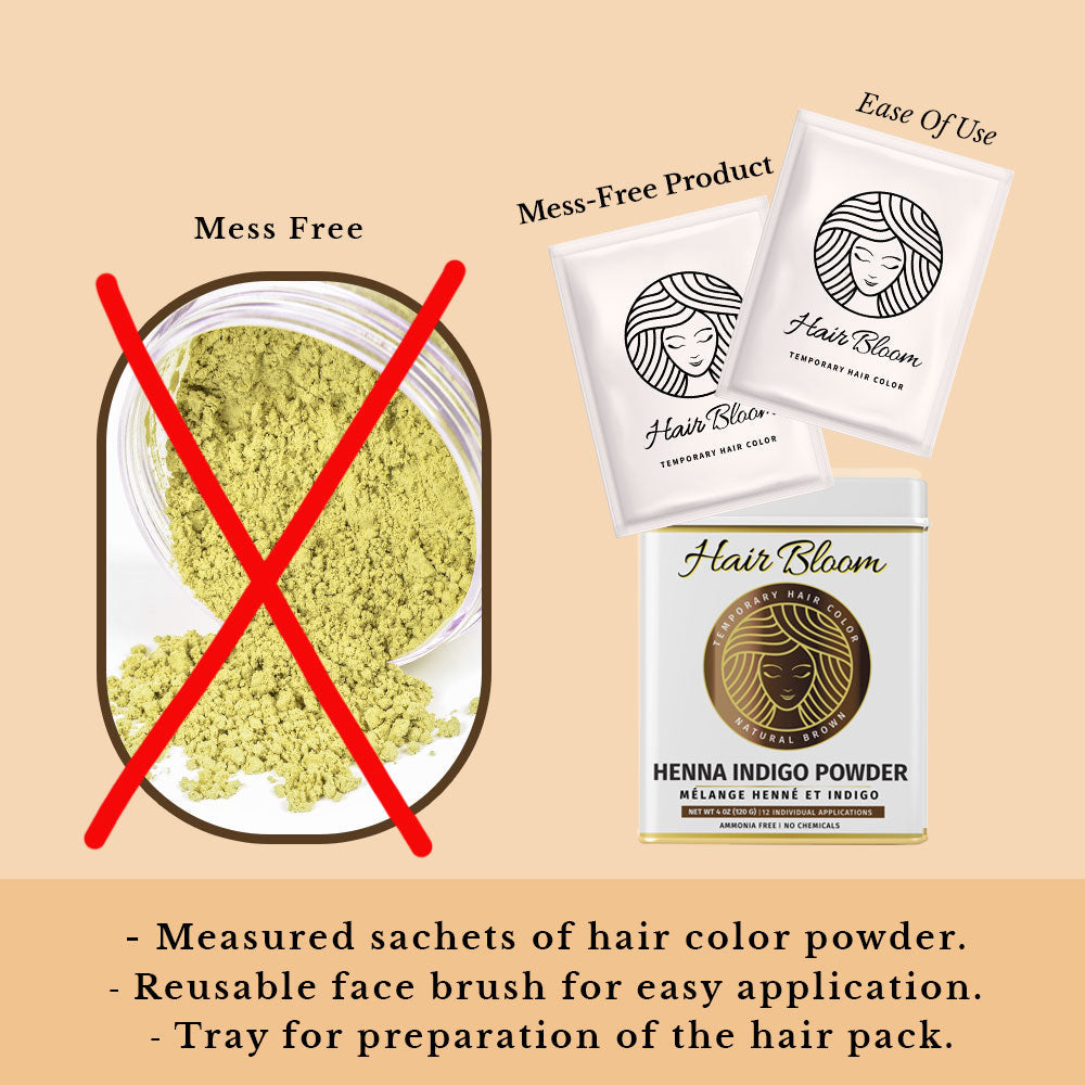 Hair Bloom Natural Brunette | Henna & Indigo Mix Hair Color Powder with Reusable Brush & Tray (12 individual sachets - 10gm each)