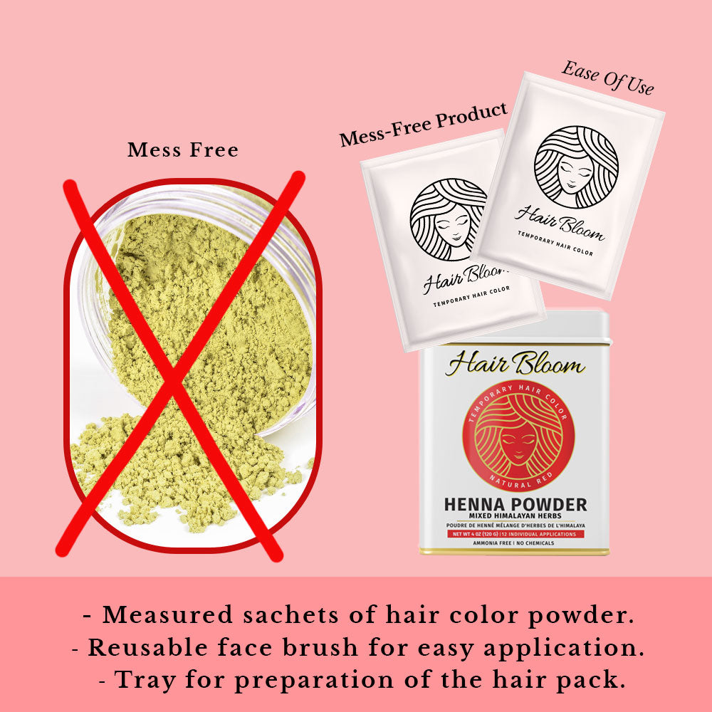 Hair Bloom Natural Red Hair Color Henna & Mix Himalayan Herb Powder with Reusable Brush & Tray (12 Individual Sachets - 10gm each)