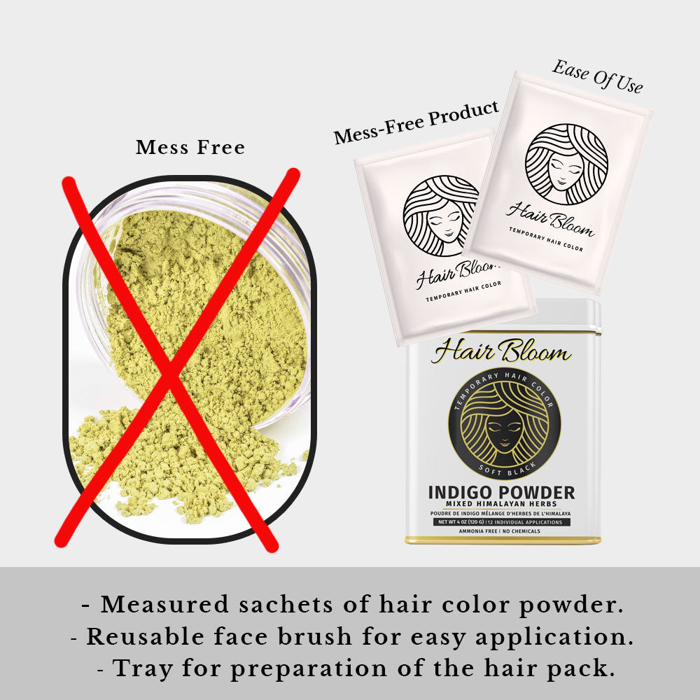 Hair Bloom Natural Jet Black Indigo Powder & Himalayan Herb Mix with Reusable Brush & Tray (12 Individual Sachets - 10gm each)