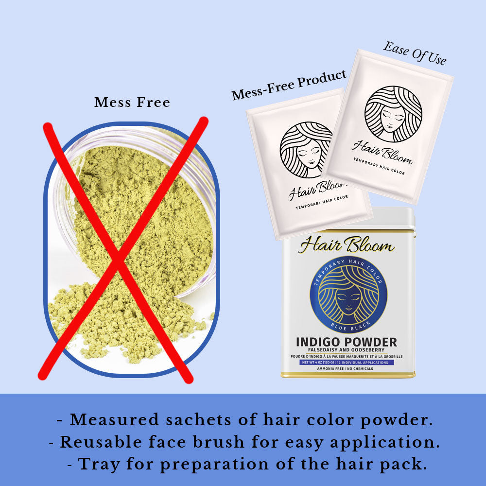 Hair Bloom Natural Blue-Black/Indigo | Daisy & Gooseberry Hair Color Powder with Reusable Brush & Tray (12 individual sachets 10gm each)