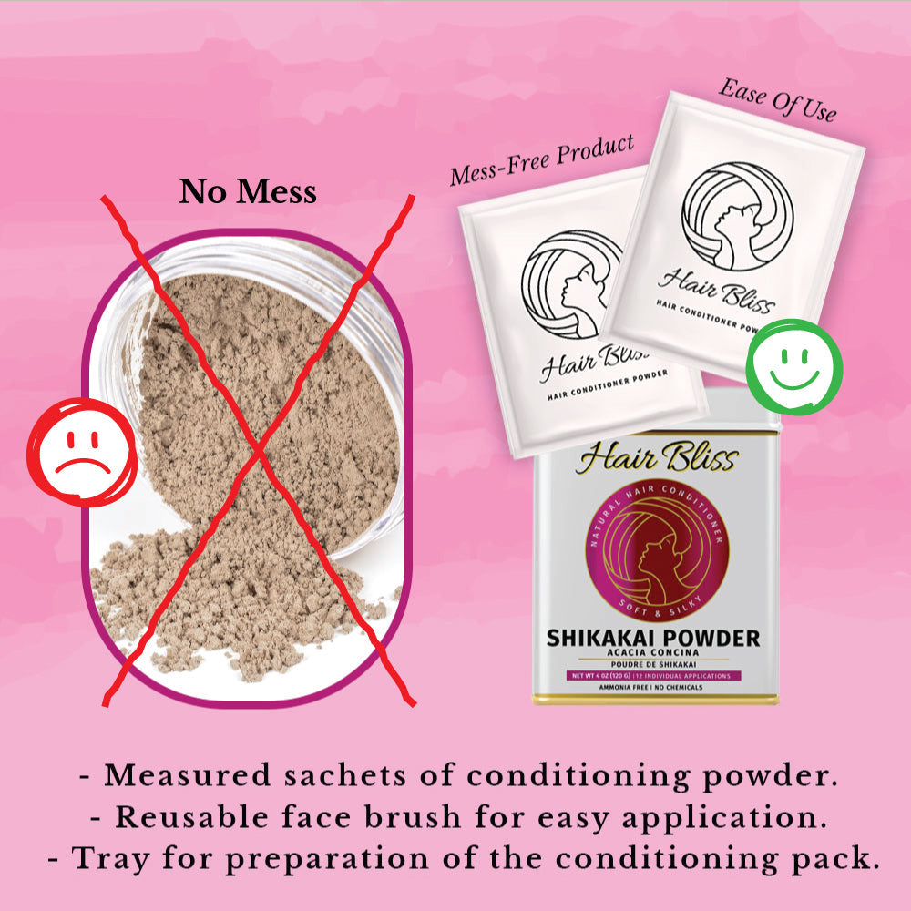 Hair Bliss Natural Shikakai Acacia Herbal Hair & Skin Conditioning Powder with Reusable Brush & Tray (12 Individual Sachets - 10gm each)