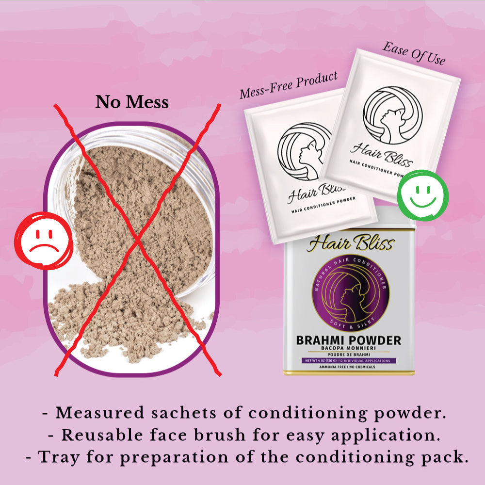 Hair Bliss Natural Brahmi Bacopa Herbal Hair & Skin Conditioning Powder with Reusable Brush & Tray (12 Individual Sachets 10gm each)