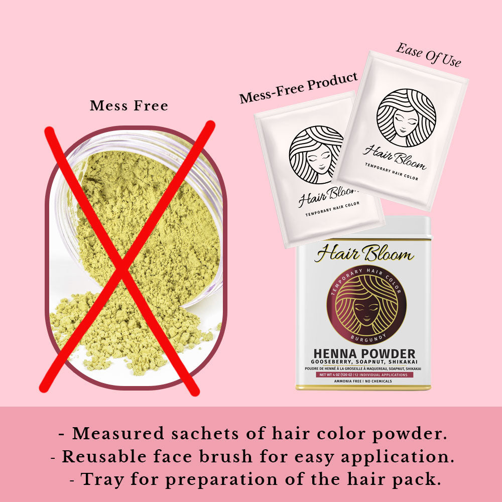 Hair Bloom Natural Herbal Henna Burgundy Hair Color Powder with Reusable Brush & Tray (12 Individual Sachets - 10gm each)