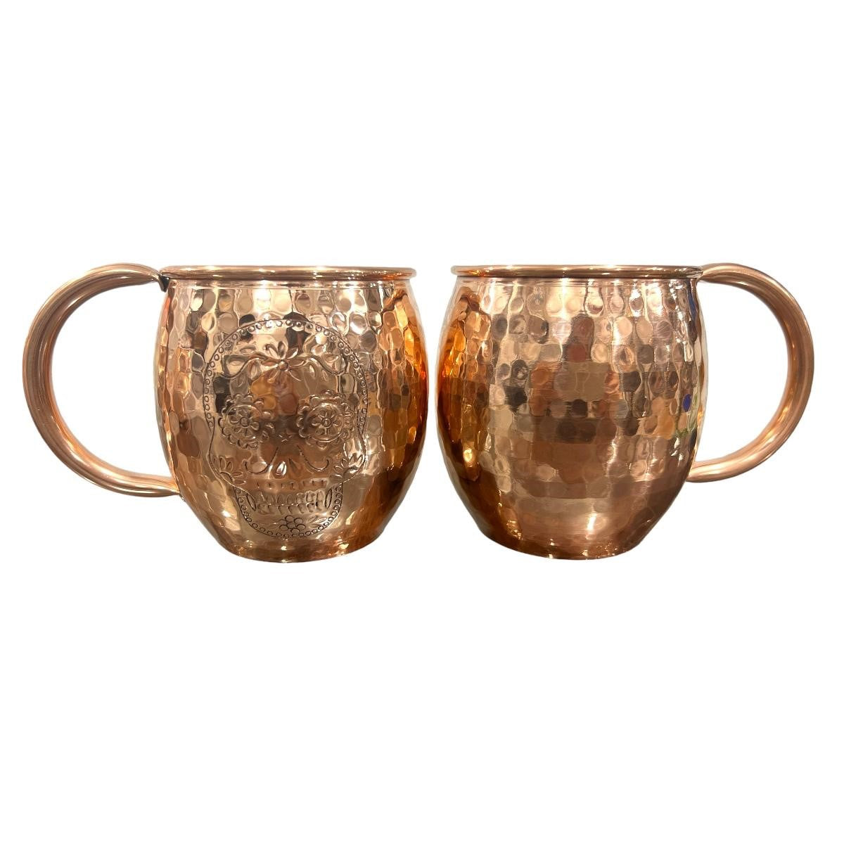 Set of Two Copper Barrel Mugs with Chiselled Skull (Day of the Dead) - Hammered and Shiny Finish