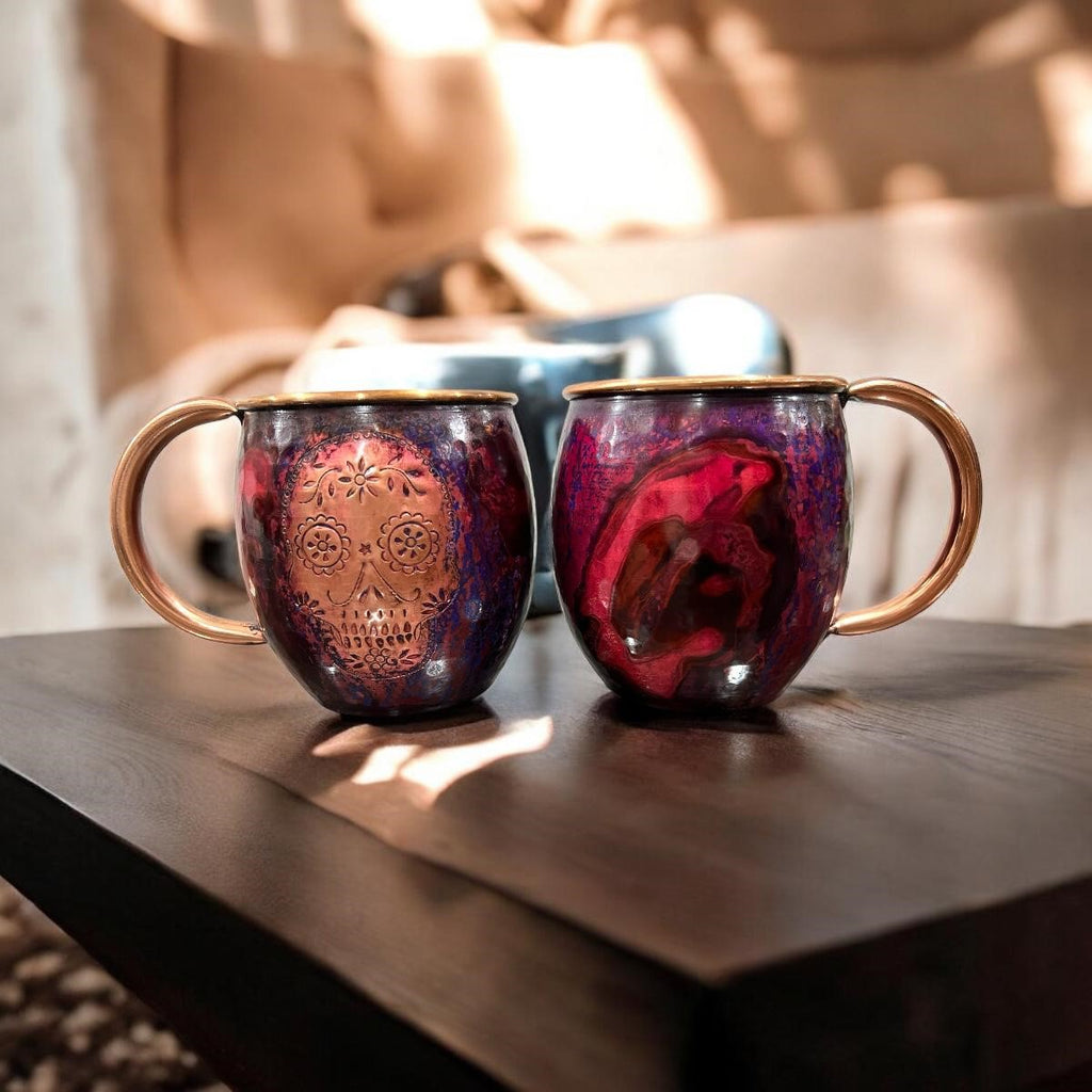Set of Two Copper Barrel Mugs with Chiselled Skull (Day of the Dead) - Hammered and Purple Marbled Finish