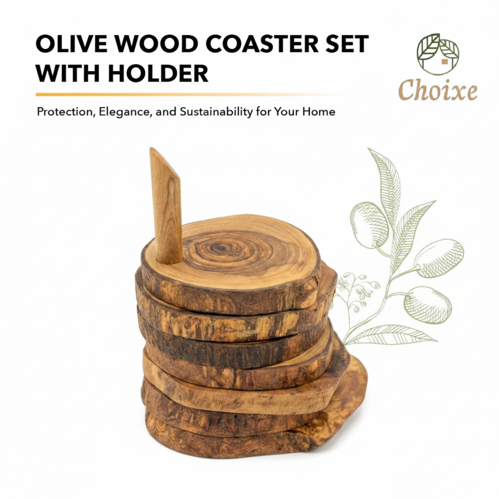 Olive Wood Coaster Set with Holder (7 Pcs)