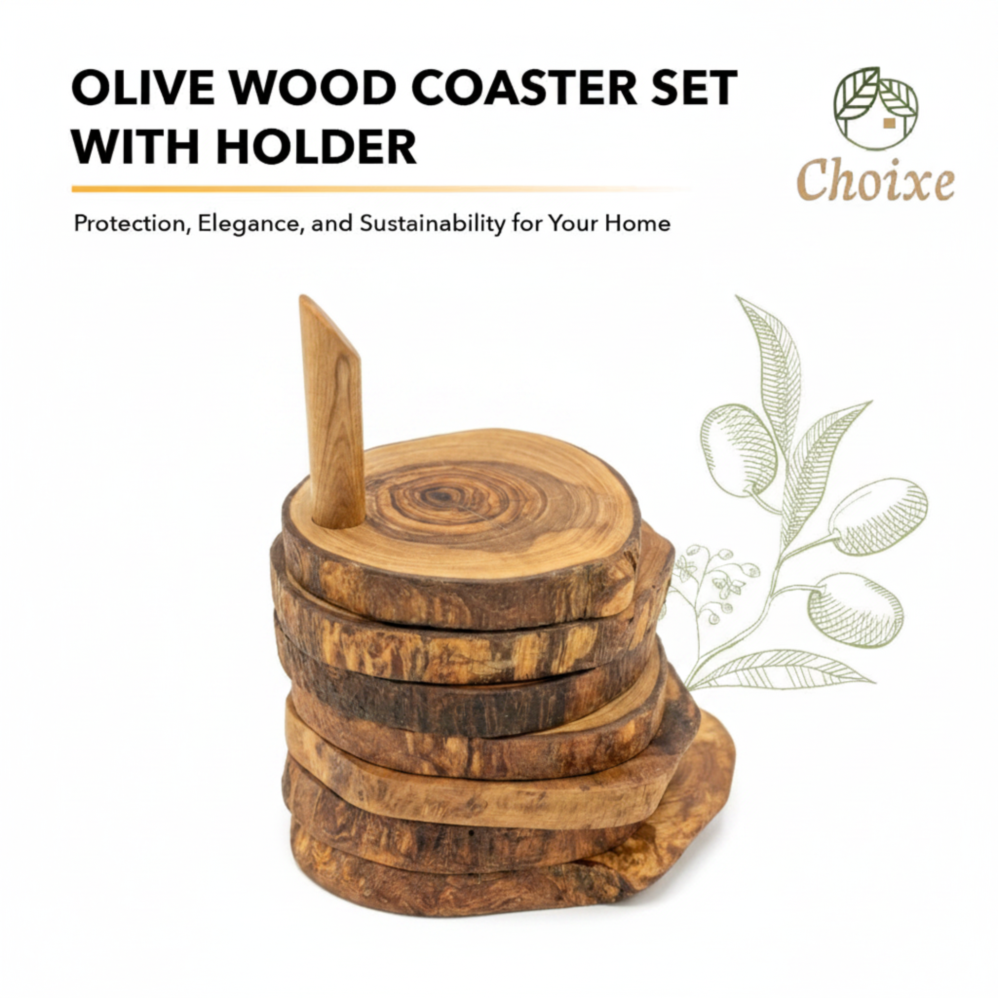 Olive Wood Coaster Set with Holder (7 Pcs)