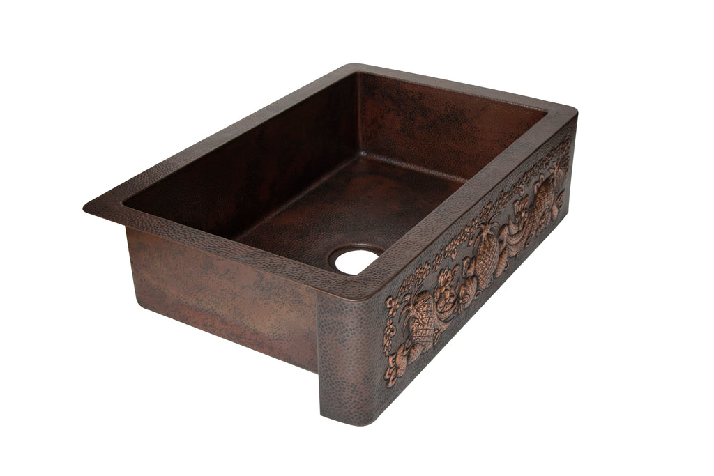 33" Farmhouse Single Well Fruits Design Straight Apron Hammered Copper Kitchen Sink