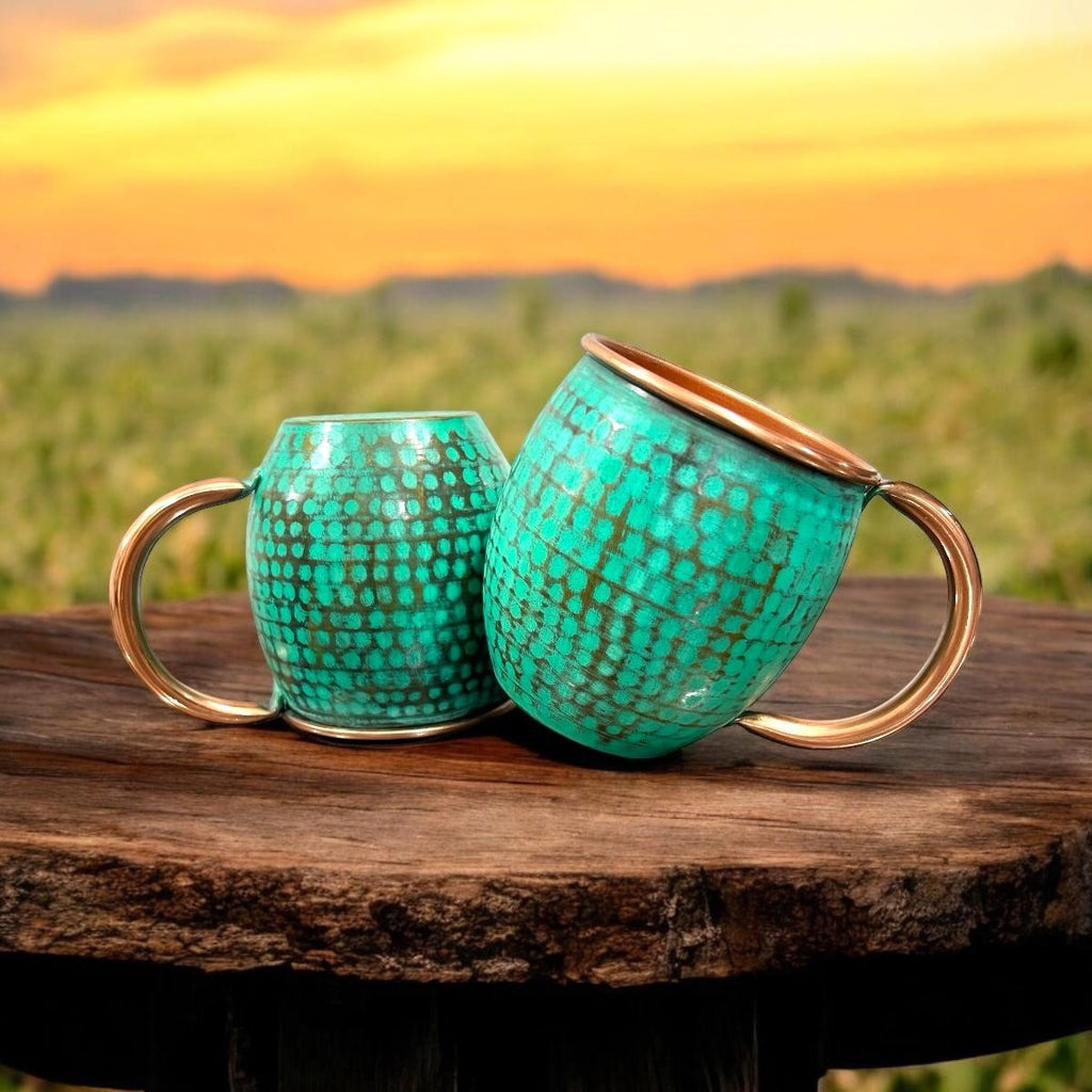 Hammered & Mint Patina Copper Barrel Mugs (Set of 2)