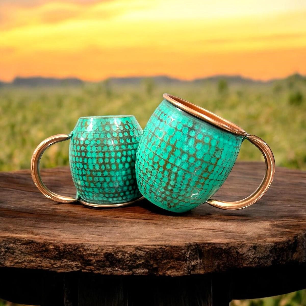 Hammered & Mint Patina Copper Barrel Mugs (Set of 2)