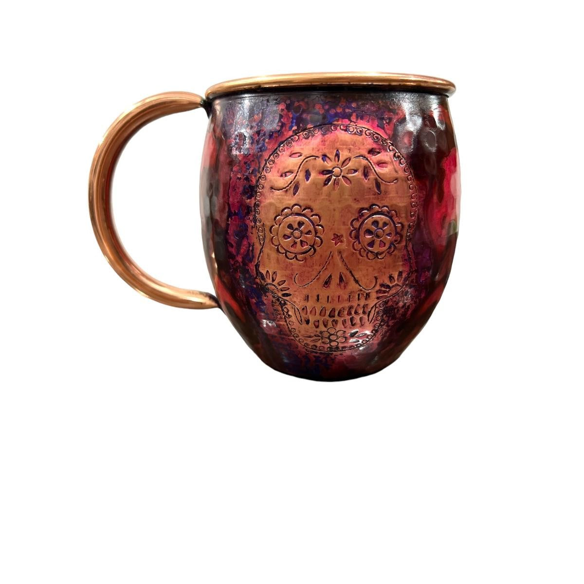 Set of Two Copper Barrel Mugs with Chiselled Skull (Day of the Dead) - Hammered and Purple Marbled Finish