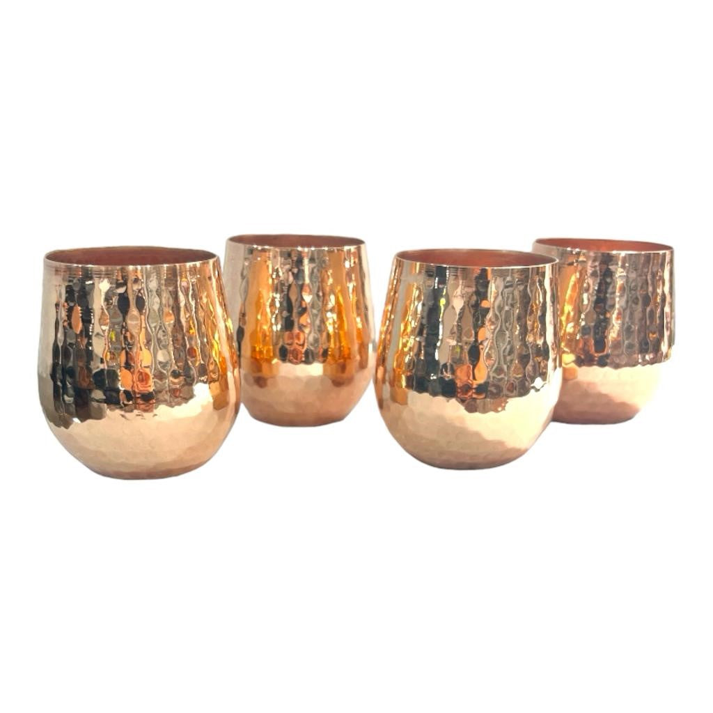 Set of One Copper Pitcher with Top and Four Tumblers - Hammered and Shiny Finish