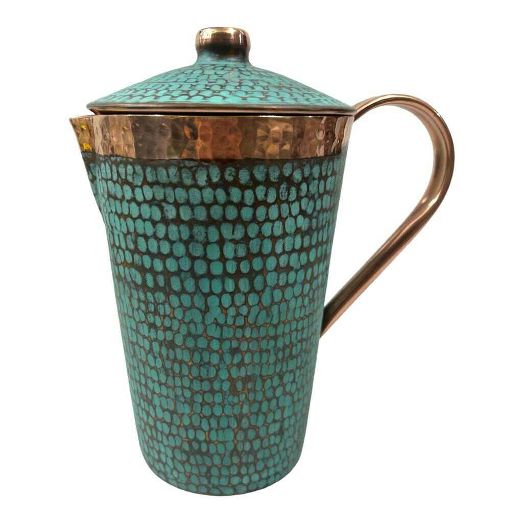 Set of One Copper Pitcher with Top and Two Tumblers - Hammered and Turquoise Patina