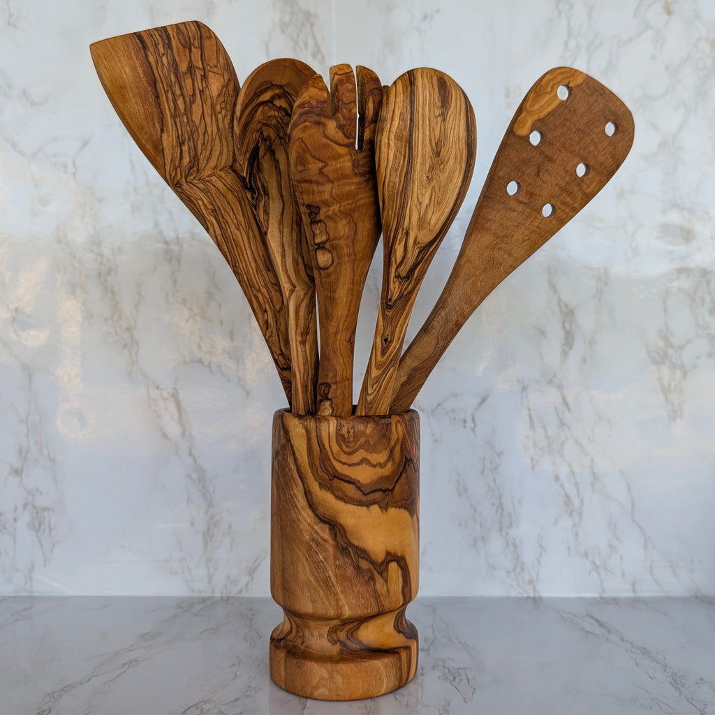 Olive Wood Kitchen Servers Set with Holder (6 Pcs)
