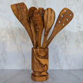 Olive Wood Kitchen Servers Set with Holder (6 Pcs)