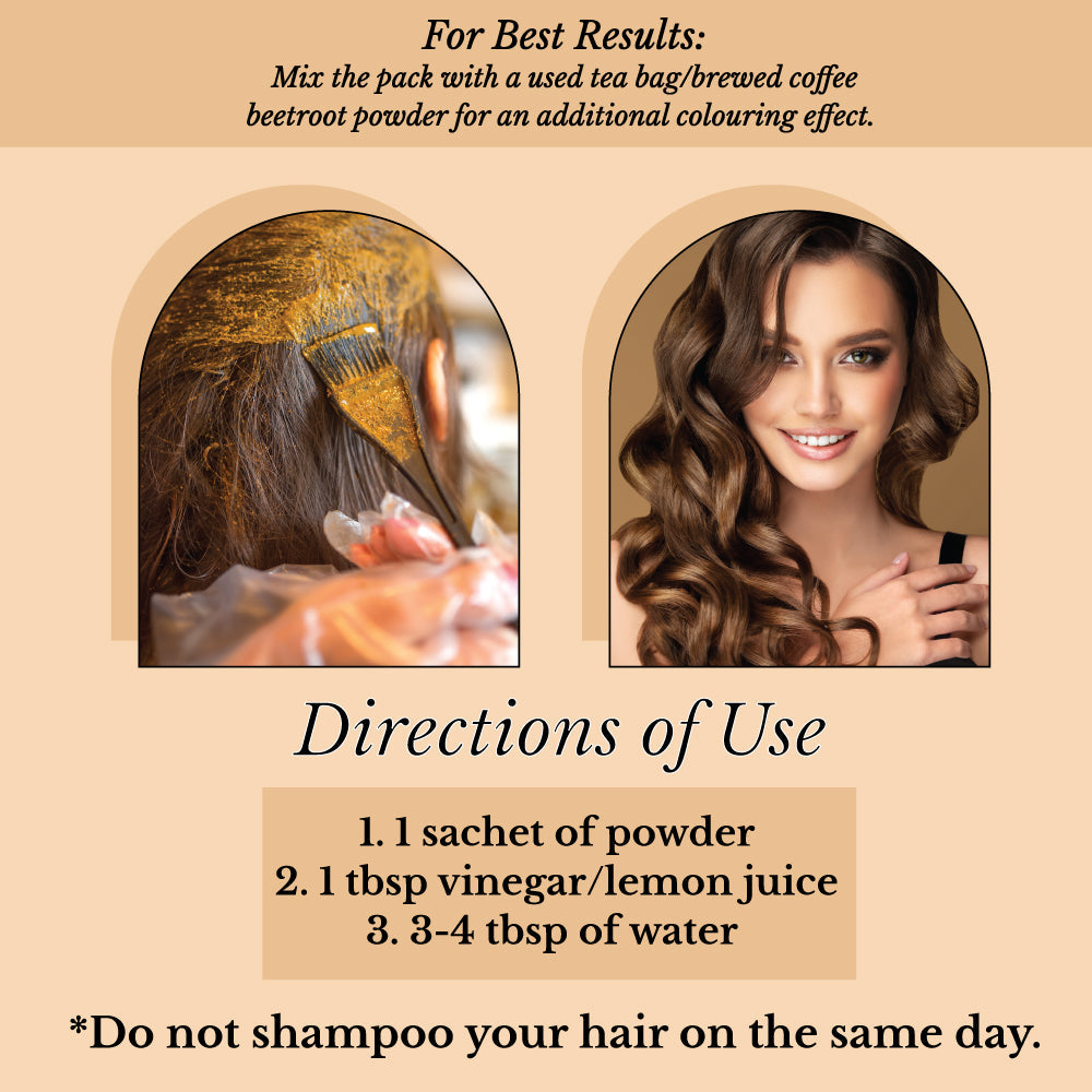 Hair Bloom Natural Brunette | Henna & Indigo Mix Hair Color Powder with Reusable Brush & Tray (12 individual sachets - 10gm each)
