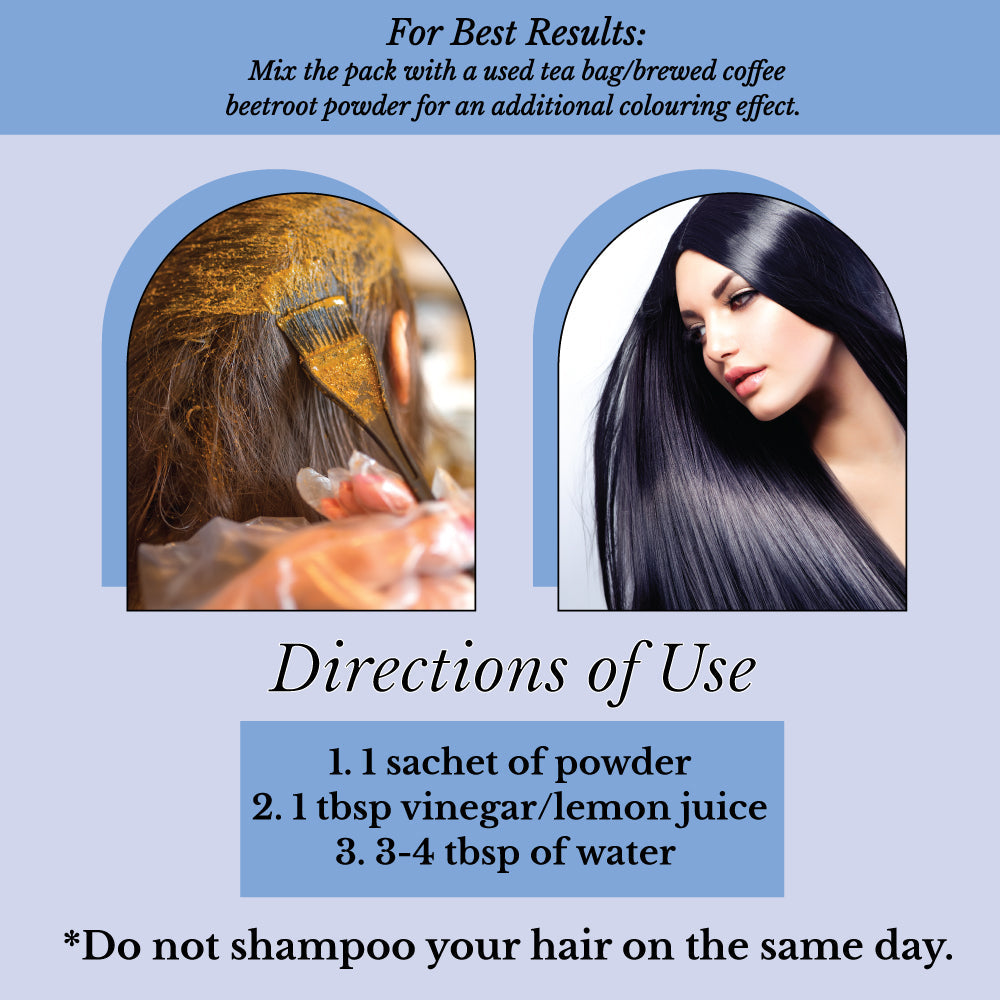 Hair Bloom Natural Blue-Black/Indigo | Daisy & Gooseberry Hair Color Powder with Reusable Brush & Tray (12 individual sachets 10gm each)