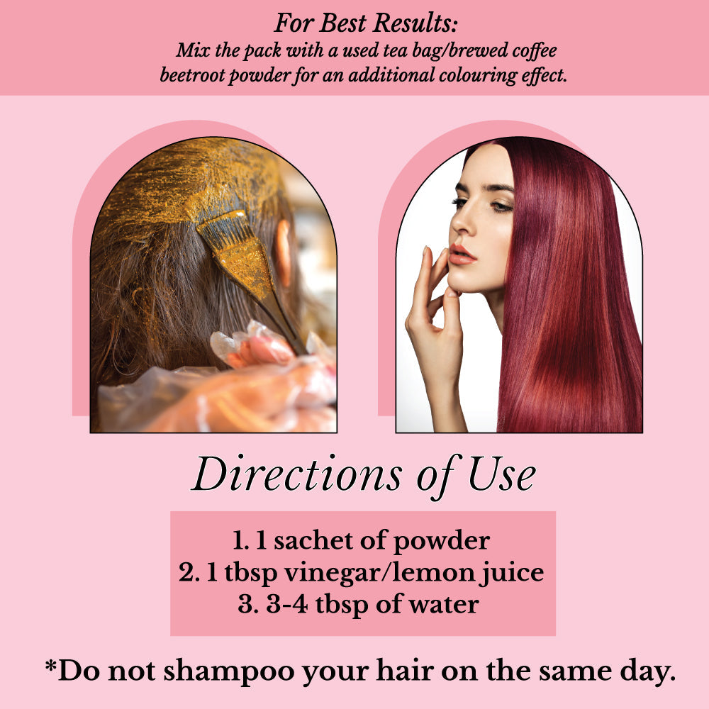 Hair Bloom Natural Herbal Henna Burgundy Hair Color Powder with Reusable Brush & Tray (12 Individual Sachets - 10gm each)