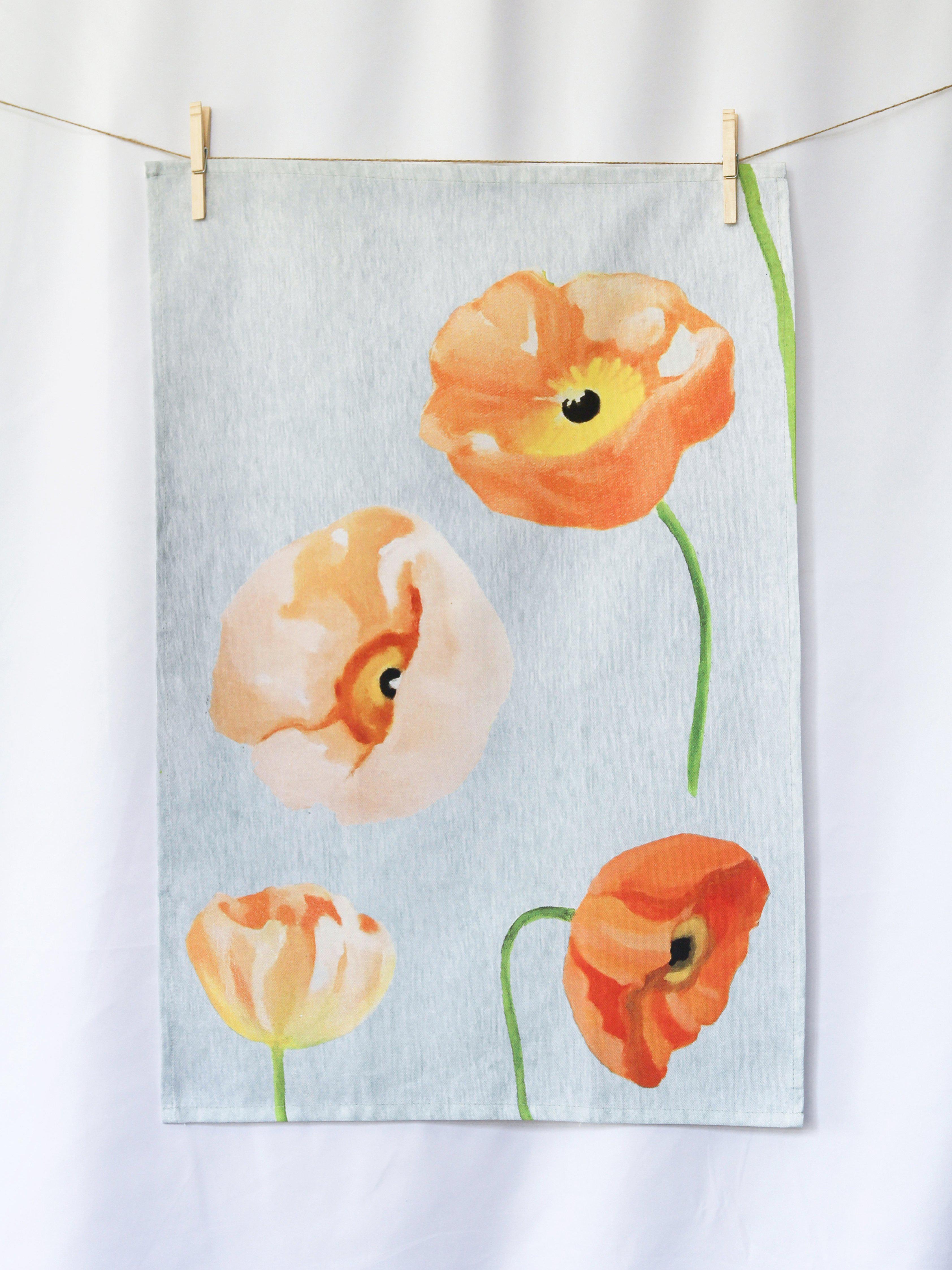 Peach Poppies on Grey Tea Towel