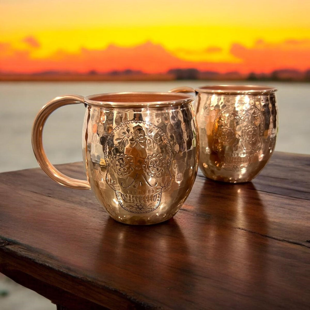 Set of Two Copper Barrel Mugs with Chiselled Skull (Day of the Dead) - Hammered and Shiny Finish