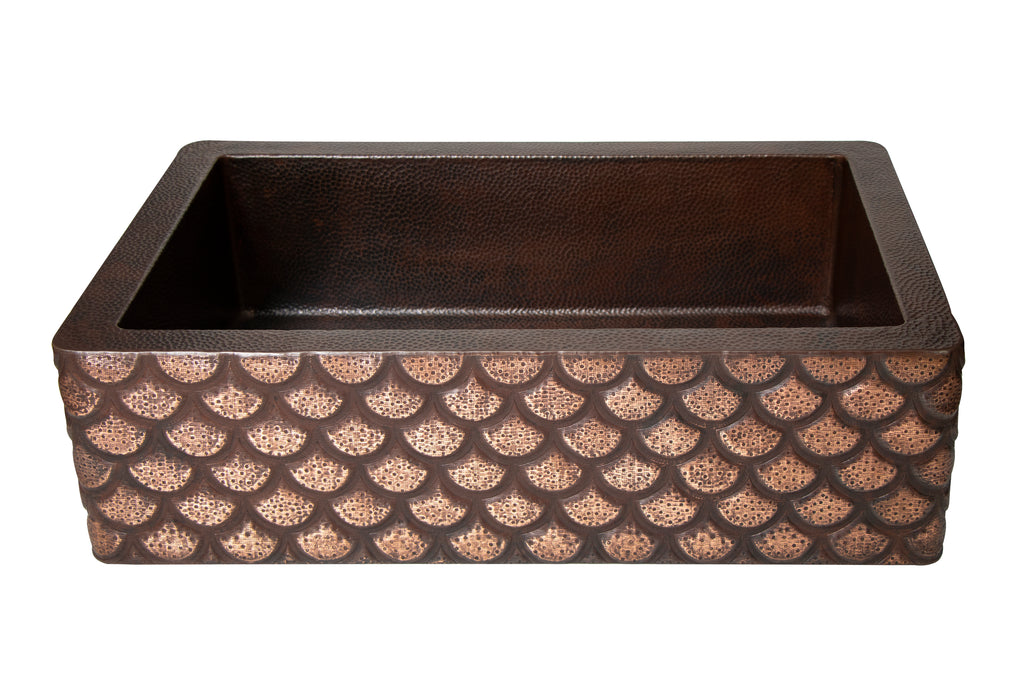 33" Farmhouse Single Well Squama Design Straight Apron Hammered Copper Kitchen Sink