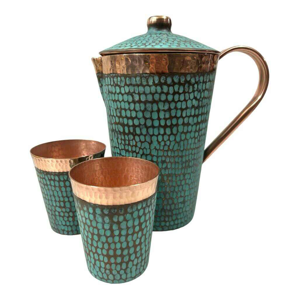Set of One Copper Pitcher with Top and Two Tumblers - Hammered and Turquoise Patina