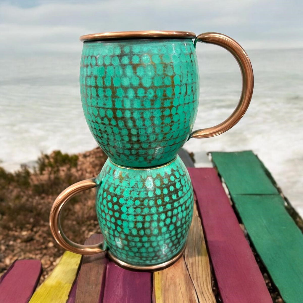 Hammered & Mint Patina Copper Barrel Mugs (Set of 2)