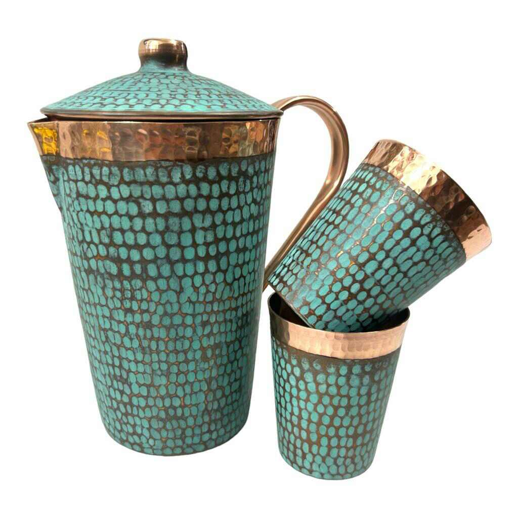 Set of One Copper Pitcher with Top and Two Tumblers - Hammered and Turquoise Patina