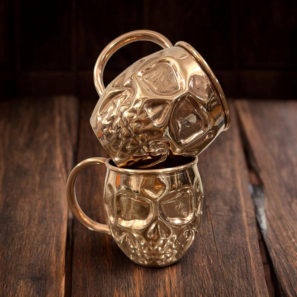 Set of Two Copper Skull (Day of the Dead) Shaped Mugs - Plain and Shiny Finish