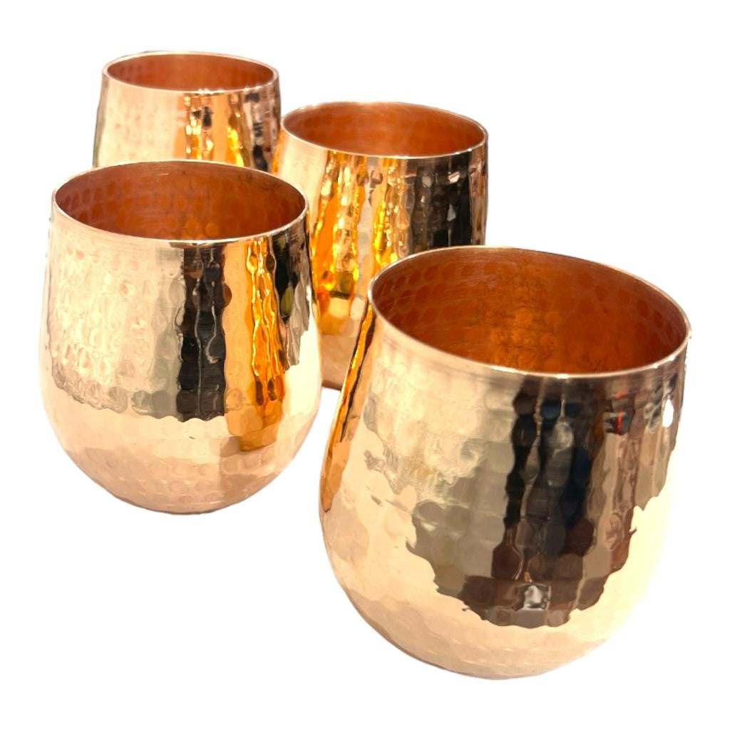 Set of One Copper Pitcher with Top and Four Tumblers - Hammered and Shiny Finish