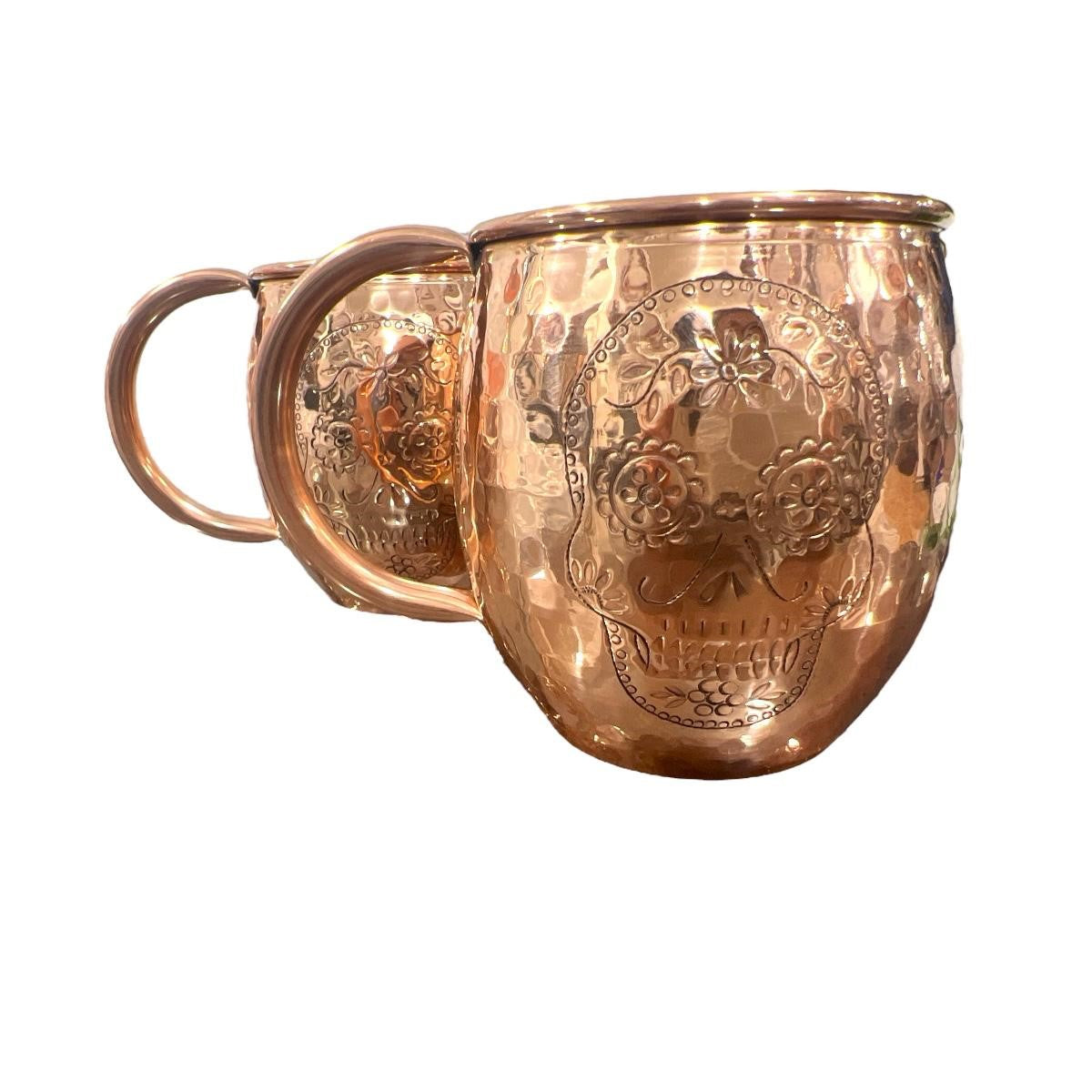 Set of Two Copper Barrel Mugs with Chiselled Skull (Day of the Dead) - Hammered and Shiny Finish
